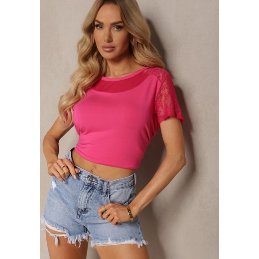Różowy Wiskozowy T-shirt Koszulka z Krótkim Rękawem i Koronką Liada ze sklepu renee.pl w kategorii Bluzki damskie - zdjęcie 179902417