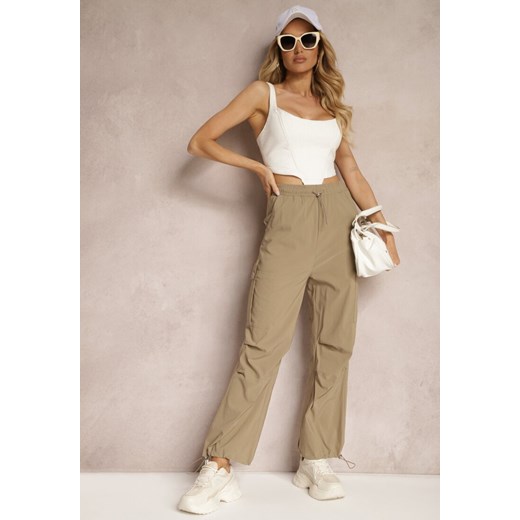 Ciemnobeżowe Szerokie Spodnie High Waist w Stylu Bojówek Wykończone Gumką w Talii Ellcara ze sklepu renee.pl w kategorii Spodnie damskie - zdjęcie 179902695