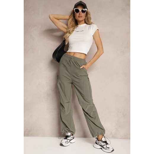 Ciemnozielone Szerokie Spodnie High Waist w Stylu Bojówek Wykończone Gumką w Talii Ellcara ze sklepu renee.pl w kategorii Spodnie damskie - zdjęcie 179902705