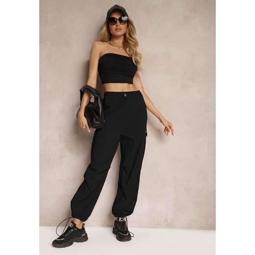 Czarne Szerokie Spodnie High Waist w Stylu Bojówek Wykończone Gumką w Talii Ellcara ze sklepu renee.pl w kategorii Spodnie damskie - zdjęcie 179902715