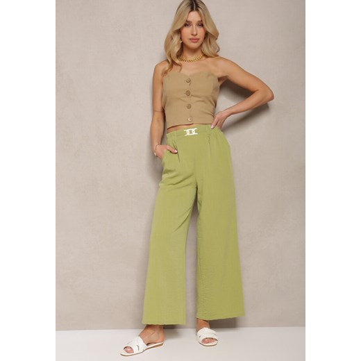 Jasnozielone Spodnie z Szerokimi Nogawkami w Stylu Palazzo High Waist z Gumką w Pasie z Ozdobnym Elementem Ellsiana ze sklepu renee.pl w kategorii Spodnie damskie - zdjęcie 179902885