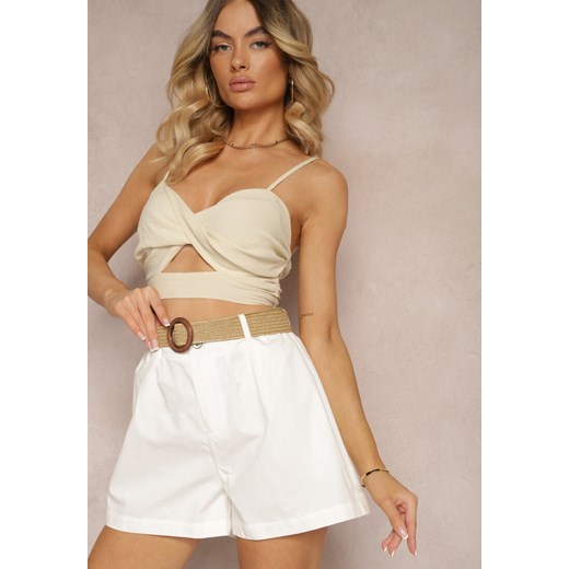 Białe Szorty z Bawełny High Waist o Kroju Bermudów Zapinane na Zamek Błyskawiczny i Guzik z Plecionym Paskiem z Klamrą Iannestra ze sklepu renee.pl w kategorii Szorty - zdjęcie 179903178