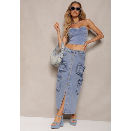 Niebieska Casualowa Jeansowa Spódnica High Waist Ozdobiona z Przodu Guzikami i Renee S renee.pl wyprzedaż
