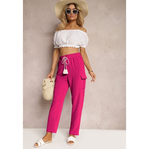 Fuksjowe Spodnie High Waist o Kroju Bojówek z Kieszeniami Wykończone Gumką w Pasie Efiene ze sklepu renee.pl w kategorii Spodnie damskie - zdjęcie 179904306