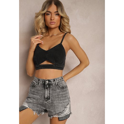 Szare Szorty Jeansowe z Bawełny High Waist z Cyrkoniami Postrzępione na Nogawkach Moalia ze sklepu renee.pl w kategorii Szorty - zdjęcie 179904538