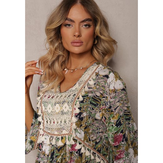 Beżowo-Granatowa Sukienka Boho z Wiskozy Ozdobiona Ażurową Koronką i Chwostami Renee 4XL promocyjna cena renee.pl