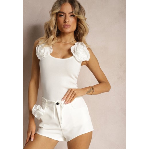 Białe Szorty High Waist Wykończone Odpinaną Aplikacją Kwiatkiem 3D Crinna ze sklepu renee.pl w kategorii Szorty - zdjęcie 179905425