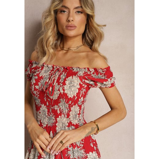 Czerwono-Biała Wiskozowa Sukienka Hiszpanka z Marszczoną Górą Zimbia Renee ONE SIZE promocyjna cena renee.pl