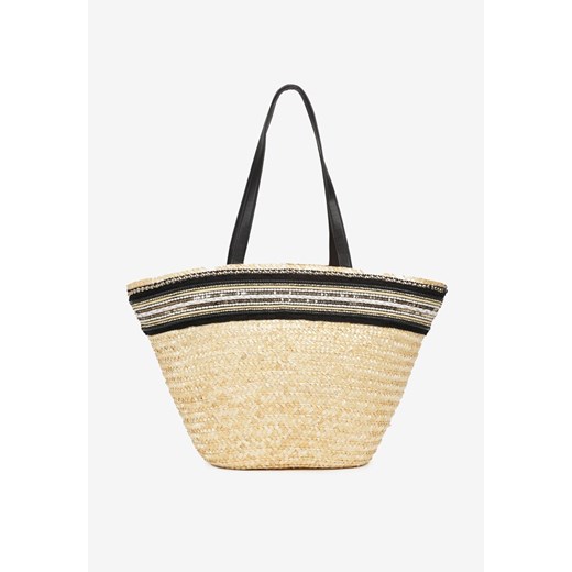 Beżowa Duża Torebka z Plecionki z Perłami Cekinami i Ozdobną Tasiemką Lirbia ze sklepu renee.pl w kategorii Torby Shopper bag - zdjęcie 179906546