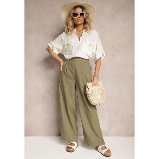 Ciemnozielone Spodnie z Bawełny i Lnem High Waist Kolalia Renee 3XL okazja renee.pl