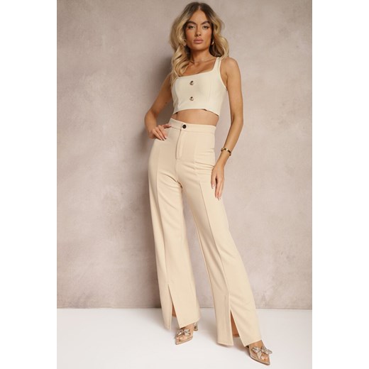 Beżowe Eleganckie Spodnie High Waist o Szerokim Kroju z Wiskozą i Rozcięciami Yurlea ze sklepu renee.pl w kategorii Spodnie damskie - zdjęcie 179907337