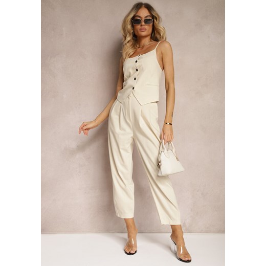 Jasnobeżowe Spodnie Paper Bag High Waist Zapinane na Suwak Nestabella ze sklepu renee.pl w kategorii Spodnie damskie - zdjęcie 179908197
