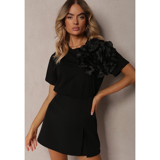 Czarny Bawełniany T-shirt z Krótkim Rękawem i Ozdobnym Kwiatem Krissas ze sklepu renee.pl w kategorii Bluzki damskie - zdjęcie 179909679