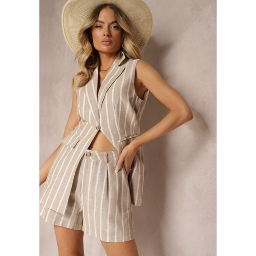 Beżowe Bermudy Szorty High Waist w Paski Vikitesa ze sklepu renee.pl w kategorii Szorty - zdjęcie 179910619