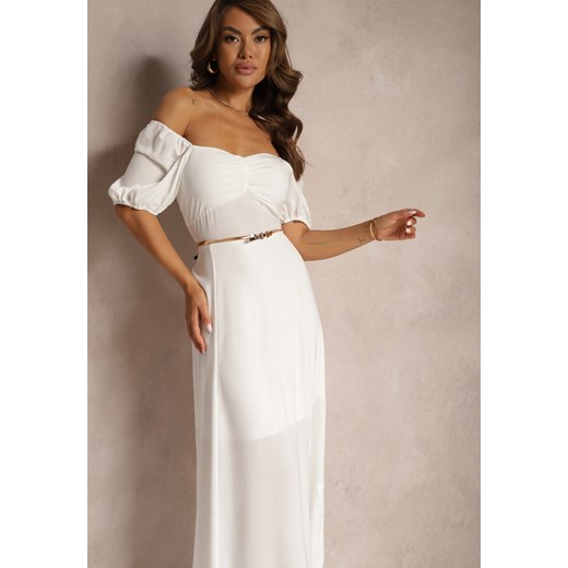 Biała Sukienka Wieczorowa z Hiszpańskim Dekoltem i Rozcięciem Vikiya Renee XL promocja renee.pl