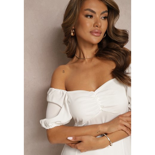 Biała Sukienka Wieczorowa z Hiszpańskim Dekoltem i Rozcięciem Vikiya Renee L wyprzedaż renee.pl