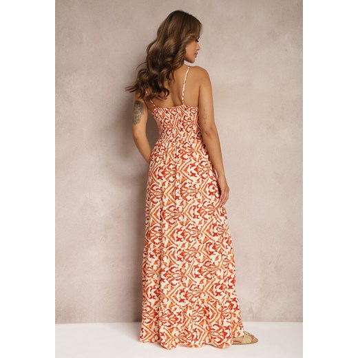 Pomarańczowa Sukienka z Bawełny na Ramiączkach z Gumką w Talii i Haftem Vikanda Renee S okazyjna cena renee.pl