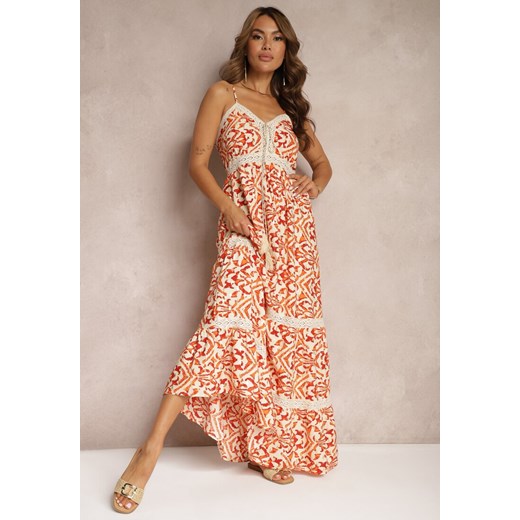 Pomarańczowa Sukienka z Bawełny na Ramiączkach z Gumką w Talii i Haftem Vikanda Renee S wyprzedaż renee.pl