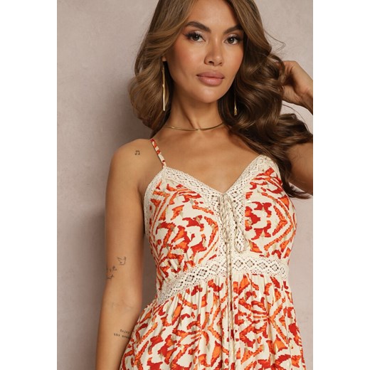 Pomarańczowa Sukienka z Bawełny na Ramiączkach z Gumką w Talii i Haftem Vikanda Renee M renee.pl okazyjna cena