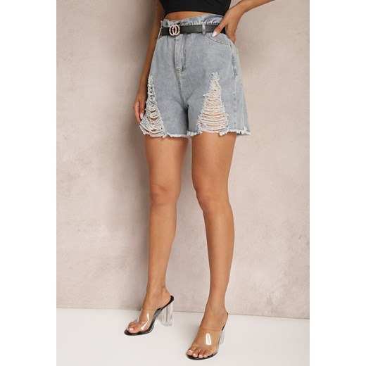 Jasnoniebieskie Bawełniane Szorty Jeansowe z Paskiem i Przetarciami High Waist Vikisona ze sklepu renee.pl w kategorii Szorty - zdjęcie 179911128