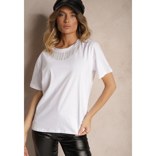 Biały T-shirt z Bawełny z Krótkim Rękawem i Ozdobnymi Cyrkoniami przy Dekolcie Vilefia ze sklepu renee.pl w kategorii Bluzki damskie - zdjęcie 179911145
