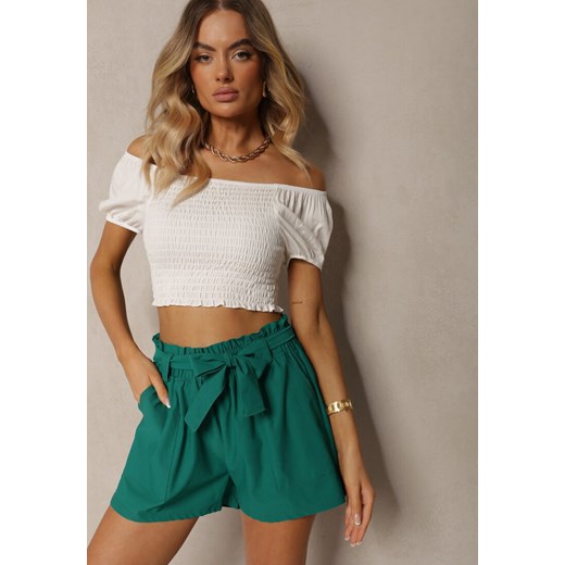 Ciemnozielone Szorty Bermudy High Waist z Dodatkiem Bawełny Wiązane w Pasie Quisevia ze sklepu renee.pl w kategorii Szorty - zdjęcie 179912198