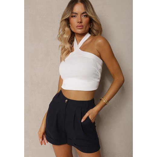 Granatowe Szorty Typu Bermudy z Bawełną i Lnem High Waist Fiefia ze sklepu renee.pl w kategorii Szorty - zdjęcie 179912235