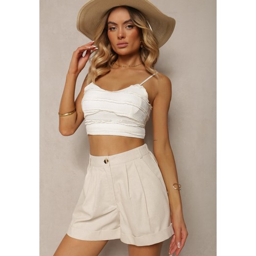 Jasnobeżowe Szorty Typu Bermudy z Bawełną i Lnem High Waist Fiefia ze sklepu renee.pl w kategorii Szorty - zdjęcie 179912245