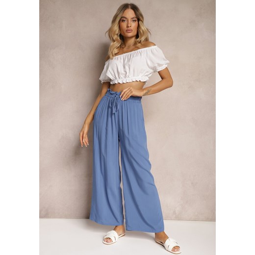 Niebieskie Spodnie Palazzo High Waist z Bawełny Wykończone Gumką w Talii Nellsea ze sklepu renee.pl w kategorii Spodnie damskie - zdjęcie 179912429