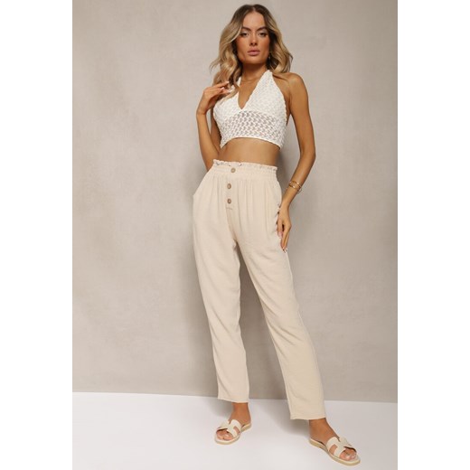 Beżowe Spodnie Typu Paper Bag High Waist z Gumką w Talii Salvavia ze sklepu renee.pl w kategorii Spodnie damskie - zdjęcie 179913107