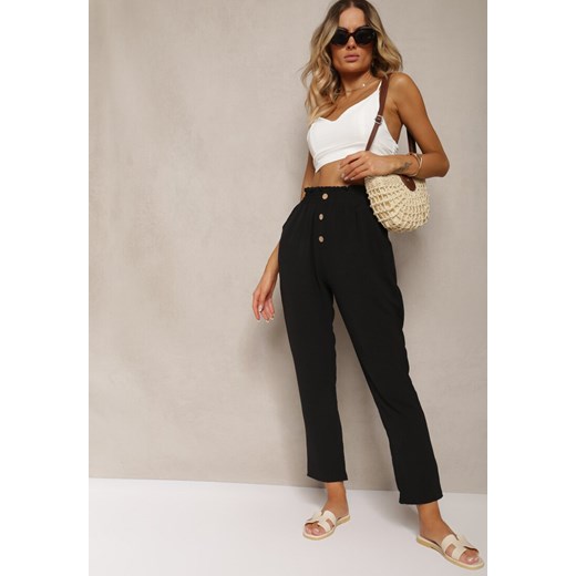 Czarne Spodnie Typu Paper Bag High Waist z Gumką w Talii Salvavia ze sklepu renee.pl w kategorii Spodnie damskie - zdjęcie 179913117