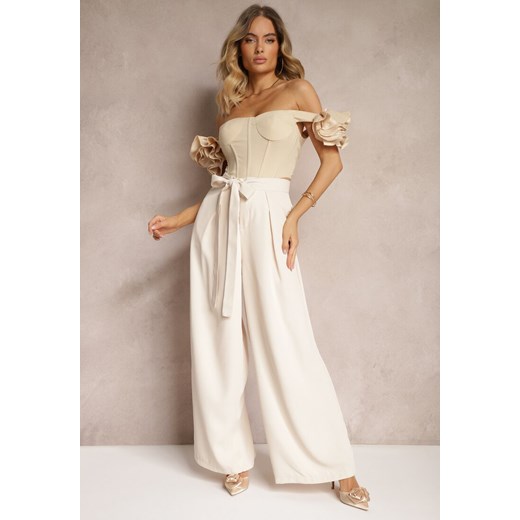 Beżowe Eleganckie Spodnie w Garniturowym Stylu High Waist Ozdobione Paskiem w Talii Wenelsea ze sklepu renee.pl w kategorii Spodnie damskie - zdjęcie 179914825