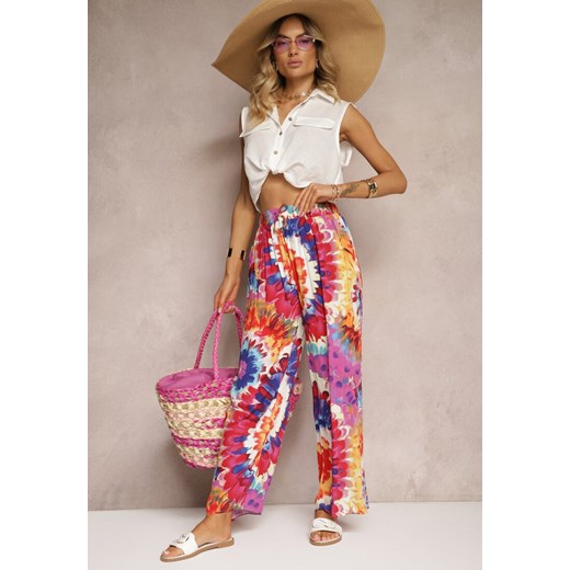 Czerwono-Niebieskie Wiskozowe Spodnie o Szerokim Kroju High Waist Tie Dye z Gumką w Talii Nalflea ze sklepu renee.pl w kategorii Spodnie damskie - zdjęcie 179915065