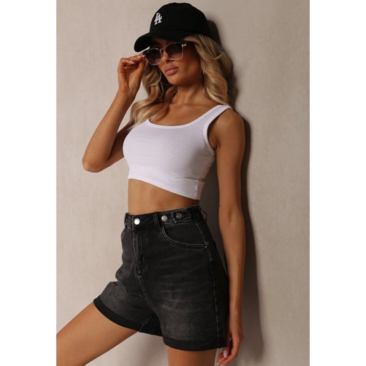 Ciemnoszare Jeansowe Szorty High Waist Wykończone Mankietami z Ozdobnymi Napami Fezorea ze sklepu renee.pl w kategorii Szorty - zdjęcie 179915125