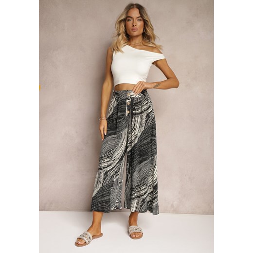 Czarno-Białe Szerokie Spodnie 7/8 High Waist z Wiskozy Wykończone Gumką w Pasie Risallni ze sklepu renee.pl w kategorii Spodnie damskie - zdjęcie 179915185