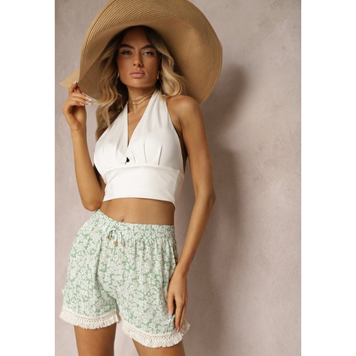 Zielono-Beżowe Szorty z Wiskozy High Waist z Gumką w Pasie Kwiatowym Wzorem i Frędzlami Orifea ze sklepu renee.pl w kategorii Szorty - zdjęcie 179915628