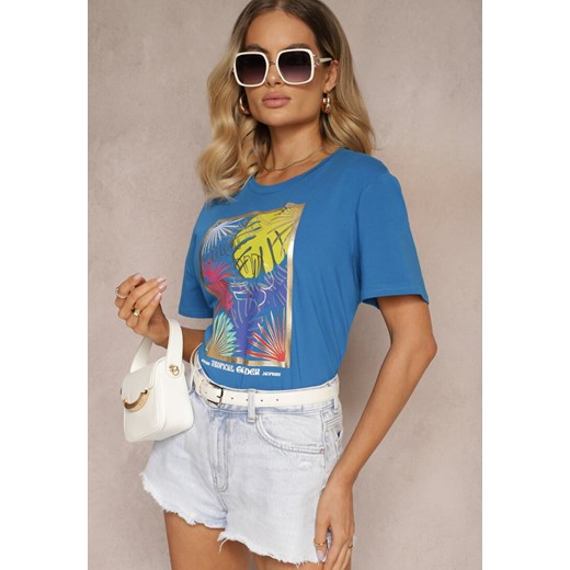 Niebieski Casualowy T-shirt z Bawełny Ozdobiony Tropikalnym Motywem Adrinea ze sklepu renee.pl w kategorii Bluzki damskie - zdjęcie 179916328