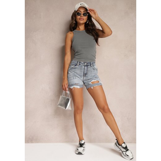 Jasnoniebieskie Casualowe Jeansowe Szorty z Bawełny High Waist Ozdobione Przetarciami Vimandris ze sklepu renee.pl w kategorii Szorty - zdjęcie 179916647