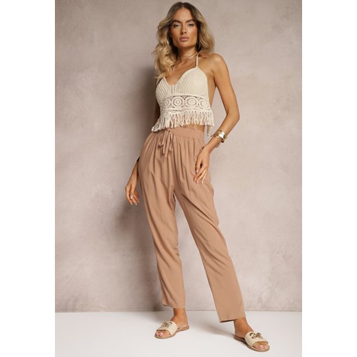 Brązowe Spodnie Paper Bag High Waist z Bawełny z Gumką w Talii Emorea ze sklepu renee.pl w kategorii Spodnie damskie - zdjęcie 179916686