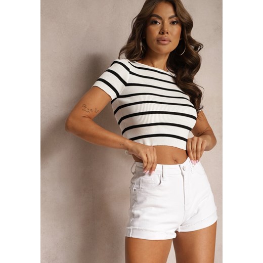 Białe Szorty Denimowe High Waist z Efektem Push-Up i Asymetrycznymi Nogawkami Zilisea ze sklepu renee.pl w kategorii Szorty - zdjęcie 179917739