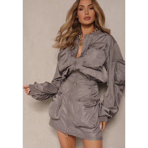 Szary Komplet Kurtka Bomberka z Marszczeniem na Rękawach Spódnica Ozdobiona Kieszeniami Dlisera ze sklepu renee.pl w kategorii Komplety i garnitury damskie - zdjęcie 179919505