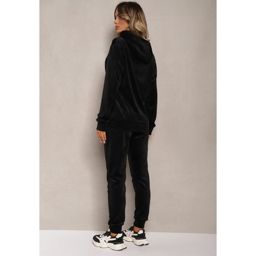 Czarny Komplet Dresowy z Weluru Spodnie z Gumką w Pasie i Bluza z Kapturem Renee S wyprzedaż renee.pl