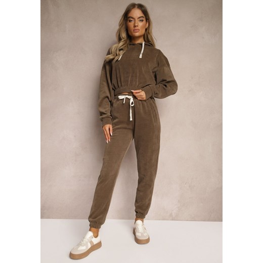 Brązowe Dresowe Spodnie z Bawełną High Waist Wykończone w Pasie Gumką Ekadela ze sklepu renee.pl w kategorii Spodnie damskie - zdjęcie 179920278