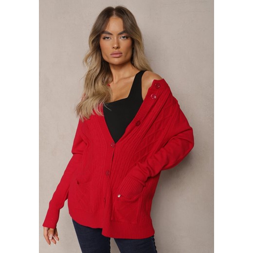 Bordowy Casualowy Kardigan z Bawełną z Kieszonkami Ozdobiony Tłoczeniem Mevanille ze sklepu renee.pl w kategorii Swetry damskie - zdjęcie 179921149