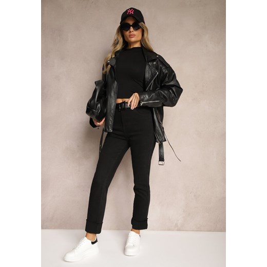 Czarne Jeansy High Waist z Paskiem z Klamrą i Podwiniętymi Nogawkami Lerialen ze sklepu renee.pl w kategorii Jeansy damskie - zdjęcie 179921619
