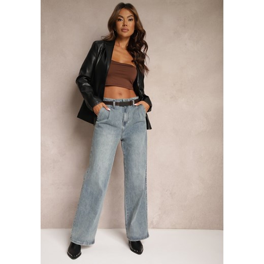 Jasnoniebieskie Bawełniane Szerokie Jeansy High Waist Ozdobione Paskiem Terilainas ze sklepu renee.pl w kategorii Jeansy damskie - zdjęcie 179921629