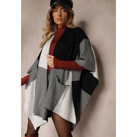 Czarno-Szare Ponczo Narzutka Niezapinana z Domieszką Wełny Verideth Renee ONE SIZE renee.pl wyprzedaż