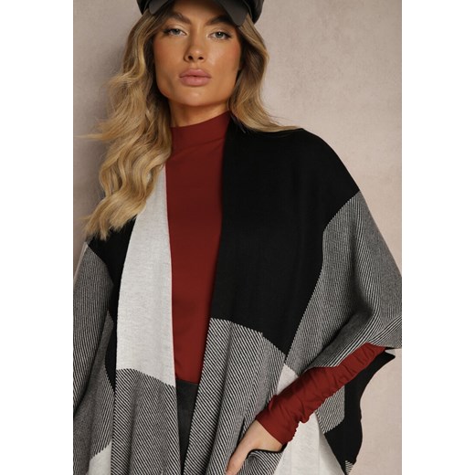 Czarno-Szare Ponczo Narzutka Niezapinana z Domieszką Wełny Verideth Renee ONE SIZE okazja renee.pl