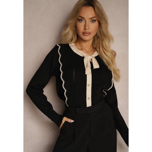 Czarny Sweter z Wiskozą z Ozdobnymi Guzikami i Kokardą w Stylu Retro Miaraine ze sklepu renee.pl w kategorii Swetry damskie - zdjęcie 179924145