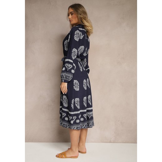 Granatowa Sukienka Koszulowa Wiązana w Pasie w Stylu Boho Rorisha Renee S promocja renee.pl